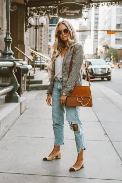 Grey Plaid Blazer with White Scoop Neck Tank Top & Boyfriend Jeans