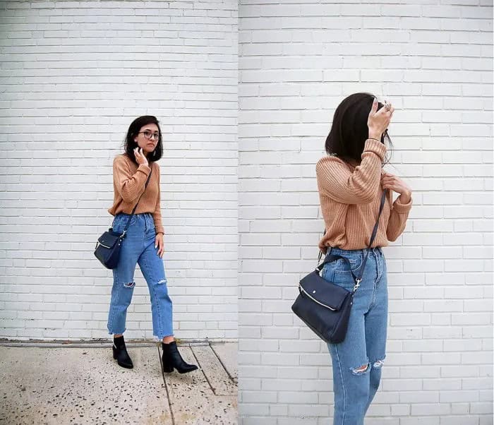 Light Brown Ribbed Sweater with Mom Jeans