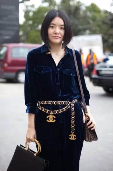 Dark Blue Velvet Shirt Dress with Gold Chain Belt