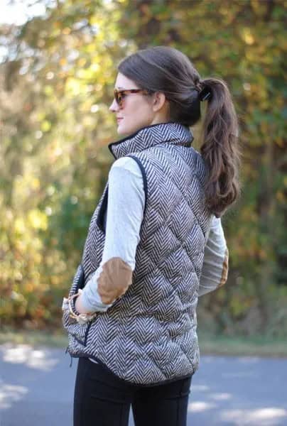 Grey Quilted Long Down Vest with Patch Elbow White Top