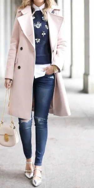 Long Wool Coat with Embroidered Navy Sweater