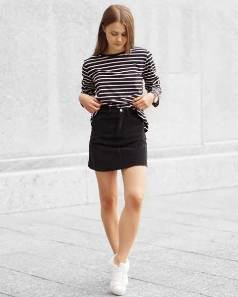 Black and White Striped Long Sleeve Tee with High Rise Corduroy Skirt