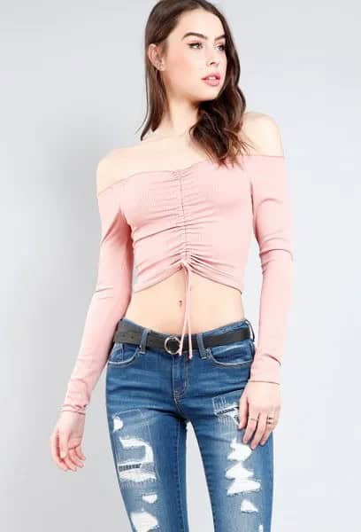 Pink Off The Shoulder Long Sleeve Ruched Crop Top with Ripped Jeans