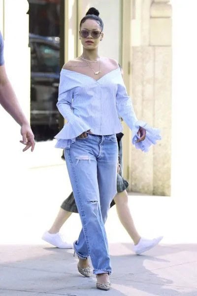 Light Blue Off the Shoulder Bell Sleeve Blouse with Leopard Print Heels