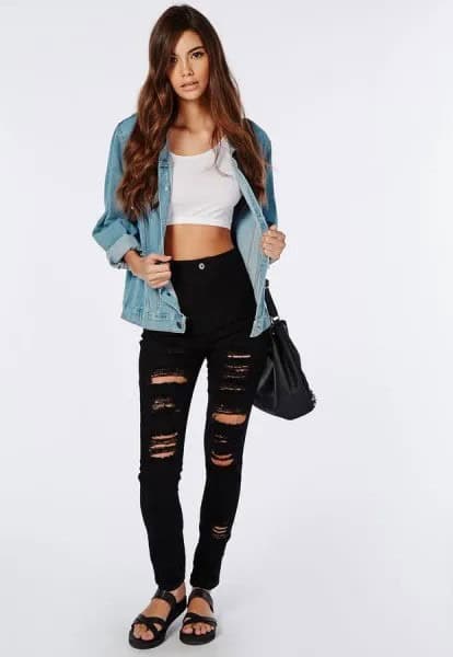 White Crop Top with Blue Denim Jacket & Ripped Black Skinny Jeans