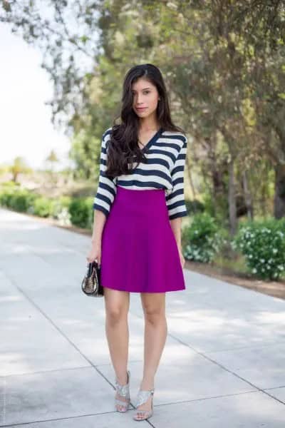 Black and White Horizontal Striped Top with Purple Skater Skirt