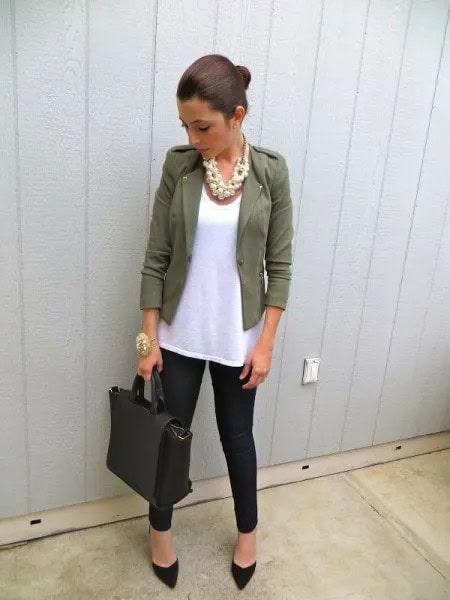 Blazer with White Long Tank Top & Black Jeans