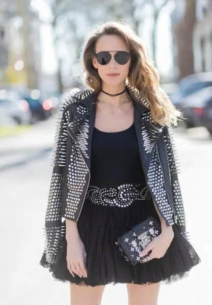 Black Mini Tulle Skirt with Spiked Leather Jacket