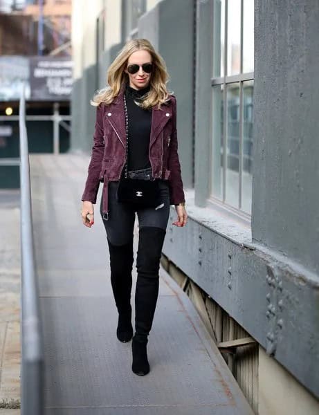 Black Moto Jacket with Mock Neck Sweater & Thigh High Boots