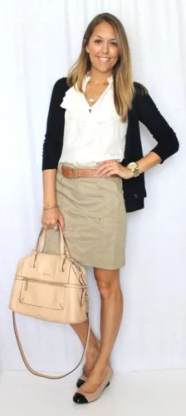 Beige Khaki Skirt with White Blouse & Cardigan