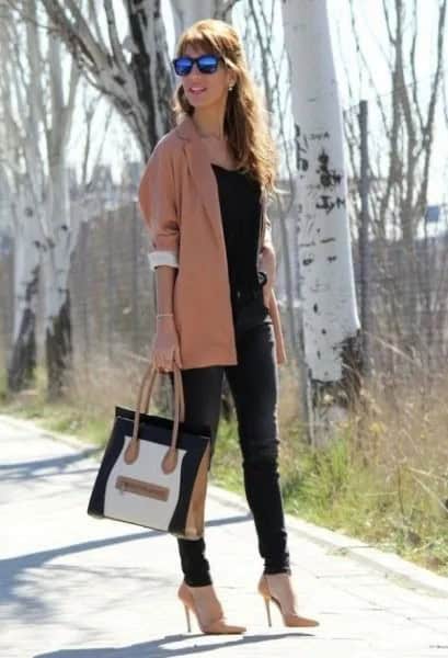 Blush Pink Long Slim Fit Blazer with Black Tank Top & Skinny Jeans