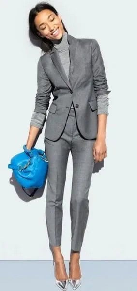 Mock Neck Knit Sweater with Grey Blazer & Matching Pants