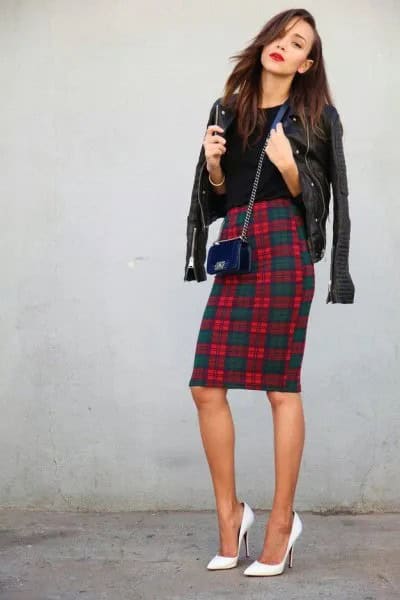 Tartan Pencil Skirt & Leather Jacket