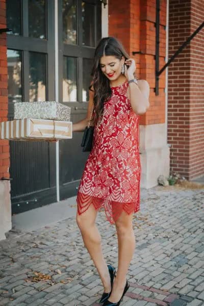 Sheer Red Lace Mini Dress Over White Shift Dress