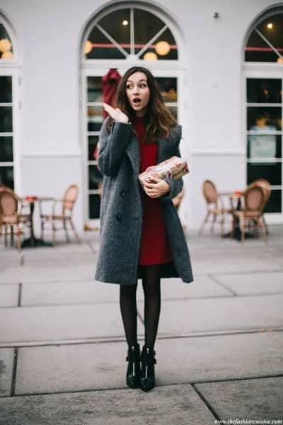 Grey Wool Coat Dress with Black Leggings & Leather Boots