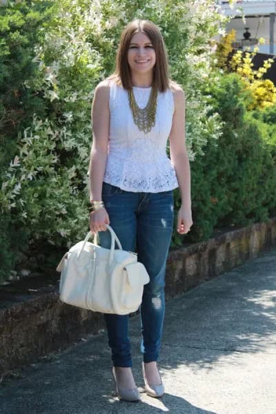 White Sleeveless Lace Top with Ripped Skinny Jeans