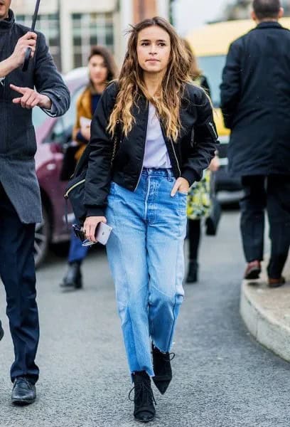 Black Cropped Bomber Jacket with Light Blue Straight Leg Jeans