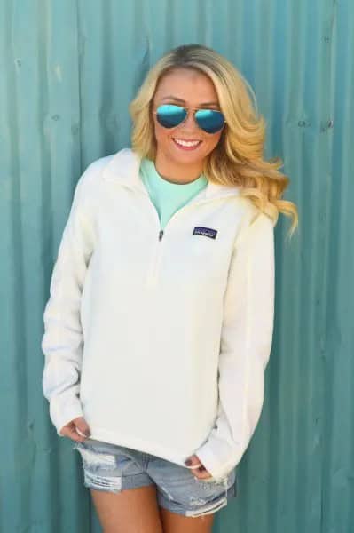 White Quarter Zip Pull Over with Blue Denim Shorts