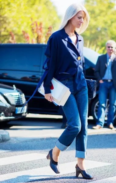 Chiffon Blouse with Cuffed Jeans & Navy Platform Heels