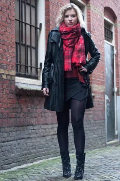 Black Long Leather Jacket with Red Scarf