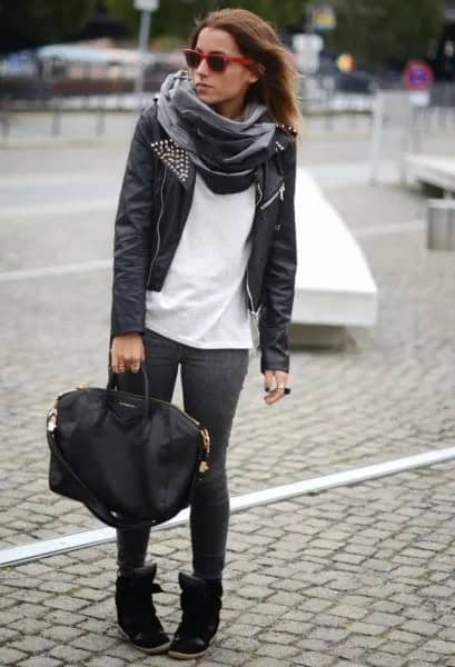 Black Leather Jacket with White Tee & Grey Silk Scarf