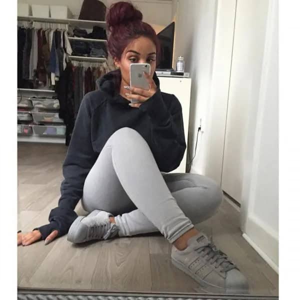 Black Hoodie with Light Grey Leggings & White Sneakers