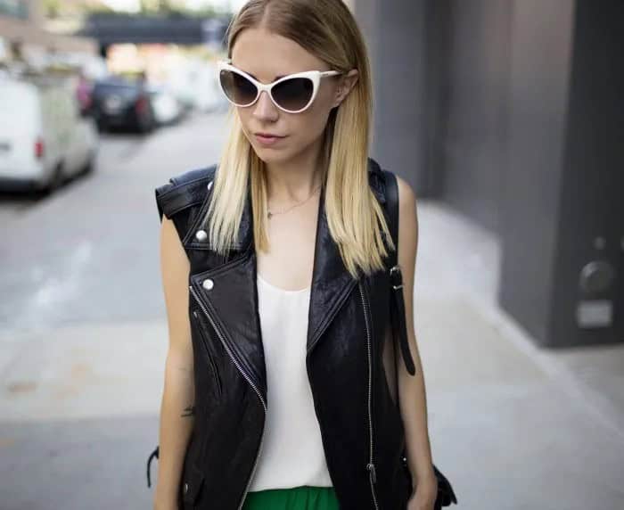 White Chiffon Vest Top with Black Motorcycle Vest