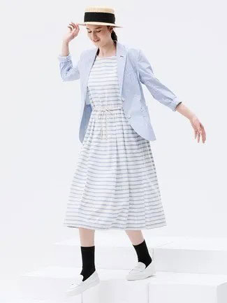 Light Grey and White Striped Midi Flared Dress with Baby Blue Blazer