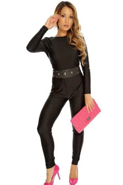 Black Belted Jumpsuit with Pink Heels