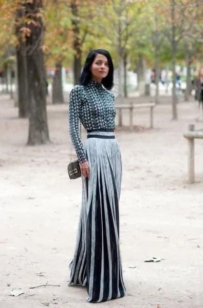 Black and White Patterned Mock Neck Blouse with Silver Pleated Maxi Skirt