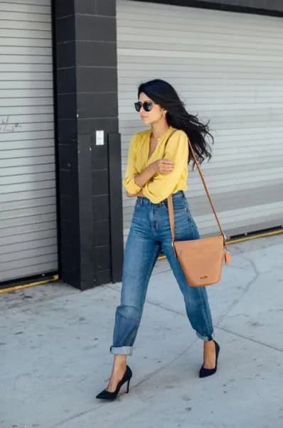 Yellow Shirt with Cuffed Washed Mom Jeans