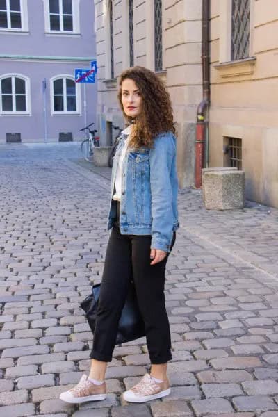 Blue Denim Jacket with White Button Up Shirt & Canvas Sneakers