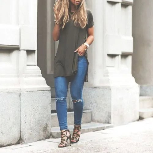 Grey Side Slit Tee with Blue Jeans