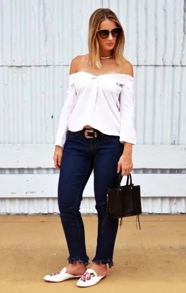 White Off The Shoulder Blouse with Embroidered Slide Loafers