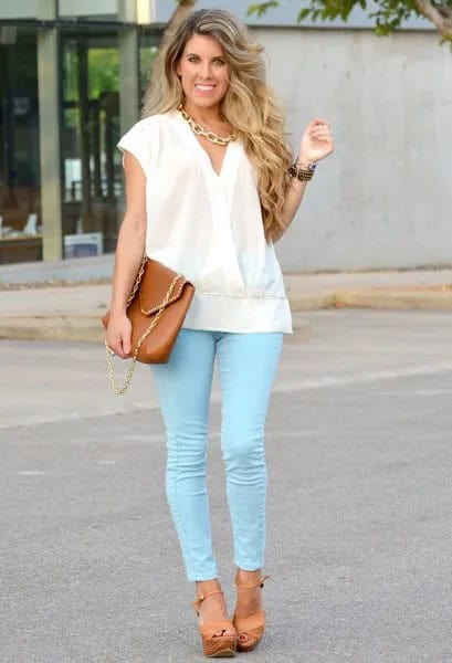 White Cap Sleeve Wrap Blouse with Colored Skinny Jeans