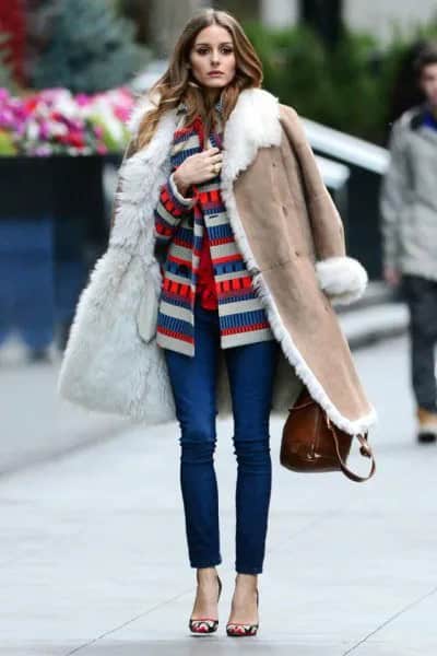 Crepe Long Shearling Coat with Color Block Jacket & Jeans