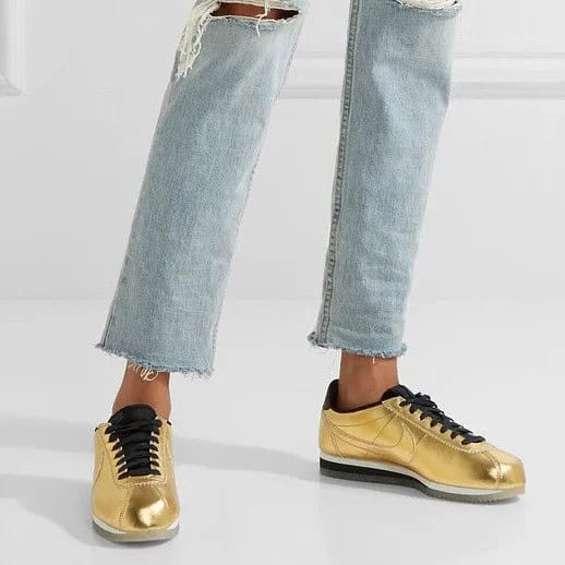 Light Blue Ripped Skinny Ankle Pants with Gold Comfortable Walking Shoes