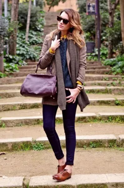 Grey Knit Cardigan with Dark Skinny Jeans & Brown Oxford Shoes