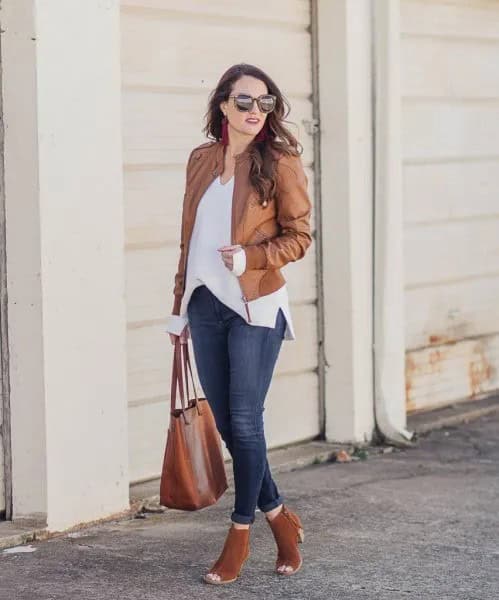 Chiffon Oversized Blouse with Leather Jacket & Camel Suede Open Toe Ankle Boots