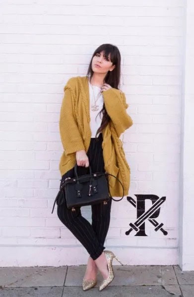 Longline Chunky Sweater Cardigan with Gold Sequin Heels