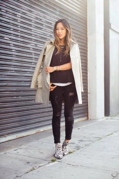 Pale Pink Longline Blazer with Black Ripped Skinny Jeans & Leopard Print Boots