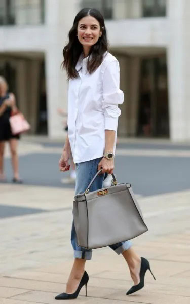 White Button Up Shirt with Blue Cuffed Boyfriend Jeans & Pink Purse