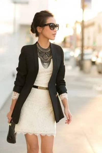 Black Blazer with Lace Mini Belted Dress