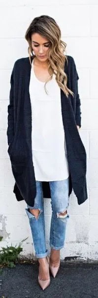 Black Long Cardigan with White Oversized Vest Top