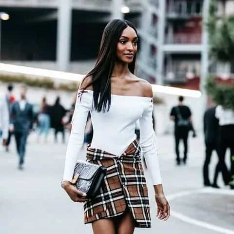 White Off The Shoulder Top with DIY Red Plaid Skirt