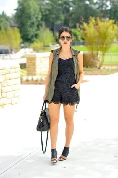 Black Lace Romper with Grey Long Vest