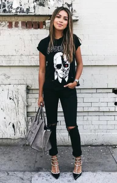 Black Rolled Sleeve Graphic Tee with Ripped Jeans & Sequin Heels