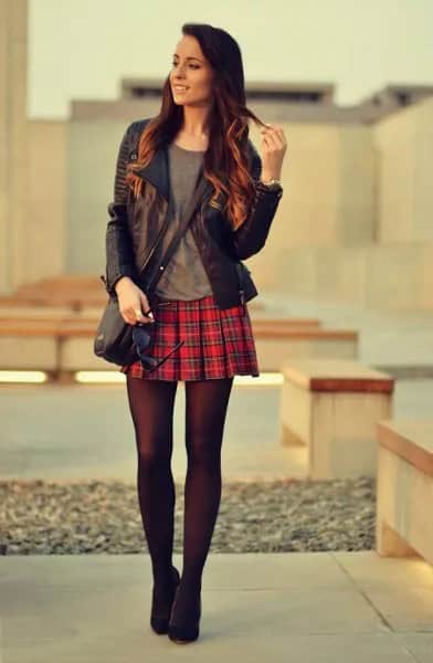 Leather Jacket with Black and Red Tartan Skirt