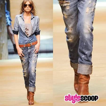 Chambray Slim Fit Shirt with Belted Cut Up Boyfriend Cuffed Jeans