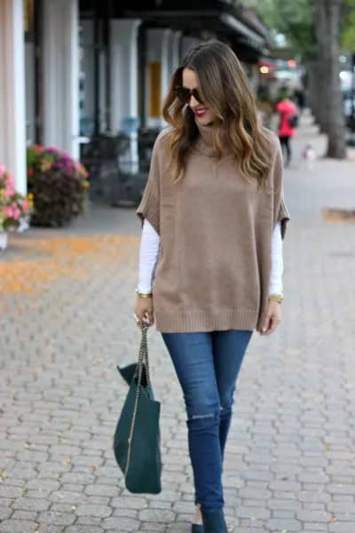 Green Half Sleeve Sweater Over White Long Sleeve Tee